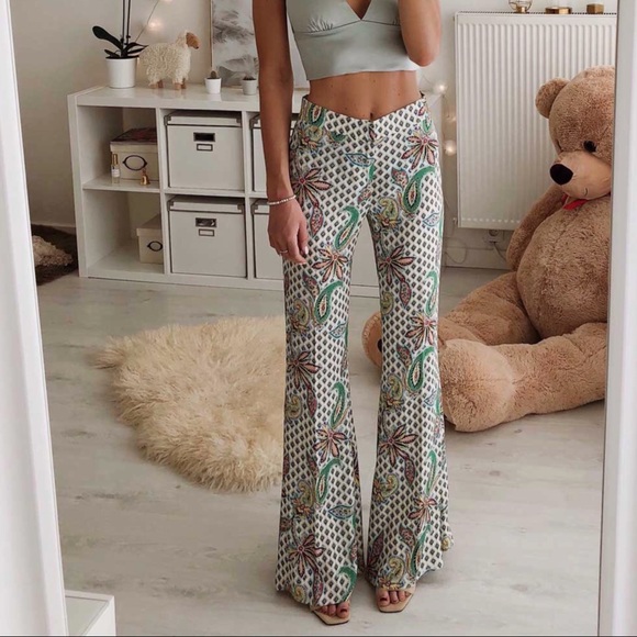 high rise printed flare pants